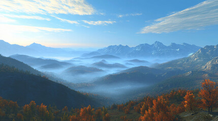 A breathtaking panoramic view of rolling mountains shrouded in mist under a clear blue sky, capturing the essence of nature for landscape.