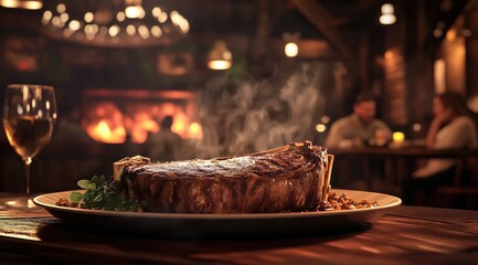 Un steak de bœuf juteux chaud avec de la fumée, placé dans une assiette élégante au centre...