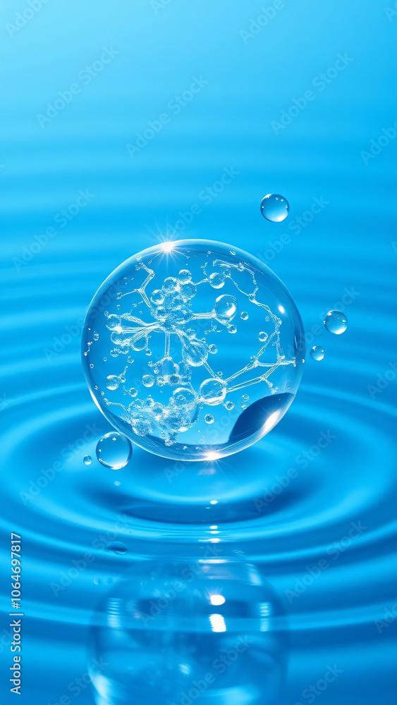 Poster a crystal clear water droplet suspended above the surface, surrounded by ripples and bubbles, creati