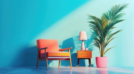 Aménagement intérieur coloré d'un salon avec une maquette de mur vide, un fauteuil rétro, une lampe sur une table en bois et une plante en pot, image avec espace pour texte.