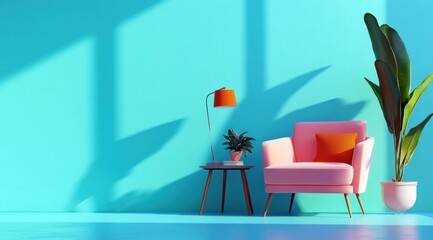 Mur bleu d'une pièce d'habitation avec un fauteuil rose, une table, une lampe et une plante. Décoration intérieure moderne pour une maison ou un appartement.