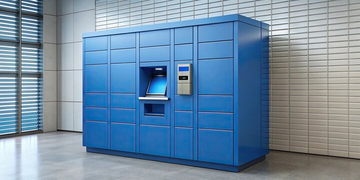 Blue delivery automat terminal post lockers with digital display and barcode scanner, delivery, automat, terminal