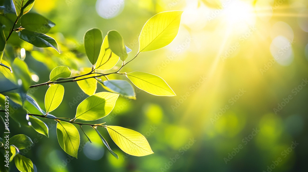 Poster sunlight filtering through green leaves on a branch in a tranquil forest setting