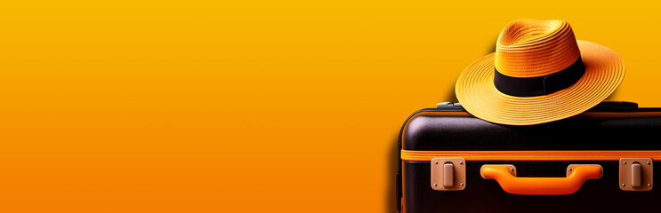 Modern orange and black suitcase or luggage bag with straw hat against an orange-yellow background with copy space. Holidays, weekend activities, relaxing time, traveling concept. Generative Ai.