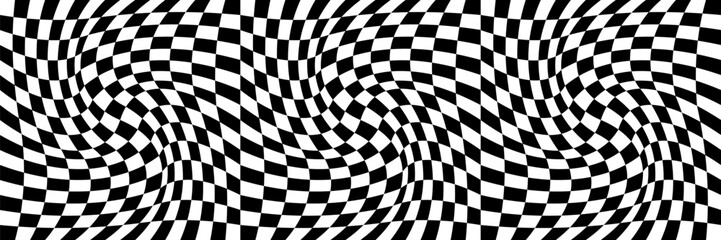 Psychedelic checkerboard seamless pattern. Retro background with black and white chessboard texture. Trendy 60s 70s aesthetic. Vector illustration.