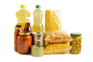 Foodstuffs in donation box isolated on white background with clipping path for volunteer to help people.