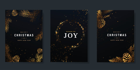 Naklejka premium Luxury Happy Holidays invitation card design vector. Elegant Happy New Year card with little star, pine leaves, pine cone on navy blue background. Design for Season's Greeting, Christmas, cover.