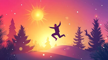 Joyful Leap into a Snowy Sunset