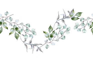 Wavy greenery seamless border in sage green colors watercolor isolated. Soft green leaves holly, branches of eucalyptus, curvy vine hand drawn. Botanical foliage repeating pattern for design textile. © Ekaterina Lanbina