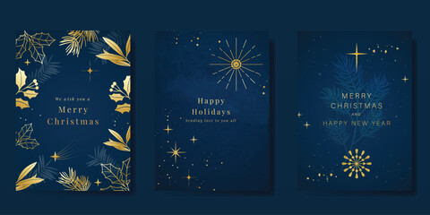 Luxury Happy Holidays invitation card design vector. Elegant Happy New Year card with little star, pine leaves, snowflake on navy blue background. Design for Season's Greeting, Christmas, cover.