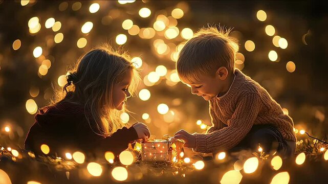 A neighborhood holiday parade with children, families, and floats covered in festive lights and decorations, celebrating the holiday spirit