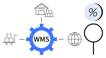 Warehouse gear, storage building, delivery cart, globe icon, magnifying glass, percentage symbol. Ideal for supply chain, inventory management, warehouse operations, logistics, data analysis global