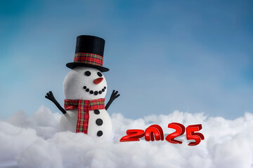 A happy snowman in a top hat and scarf, arms up and ready for winter fun! Set against a snowy background and bright blue sky.