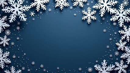 White snowflakes on a dark blue background. An origami-style winter scene. Christmas and New Year's postcard with copy space
