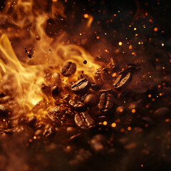 A dramatic close-up of coffee beans surrounded by flames and sparks, conveying a sense of intensity and richness for food.