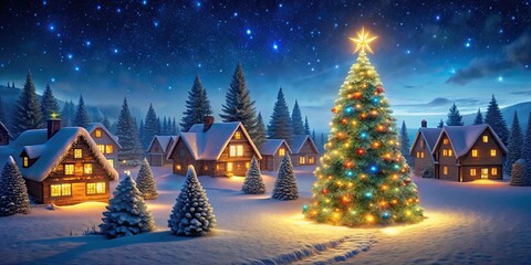Festive winter landscape with a decorated Christmas tree, glowing houses at night, winter, festive, landscape, Christmas tree