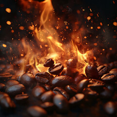 A captivating close-up of roasted coffee beans igniting in flames, creating an intense and dynamic visual for food.