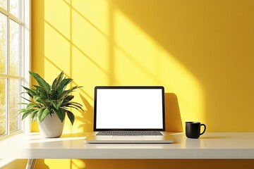 Fototapeta premium Minimalist workspace with laptop and plant, Bright minimalist workspace with laptop, coffee mug, and potted plant against a vibrant yellow wall, illuminated by natural sunlight.