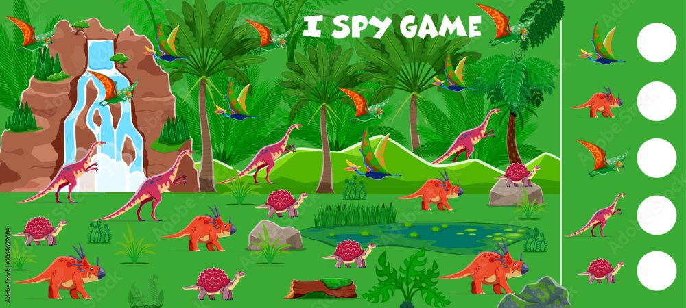 Poster i spy game worksheet with funny prehistoric dinosaurs. vector riddle task for kids with cartoon dino