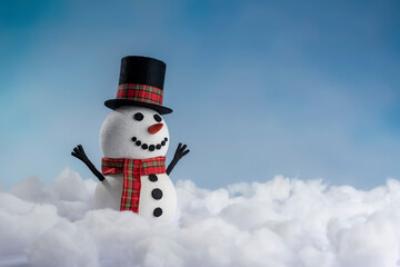 A happy snowman in a top hat and scarf, arms up and ready for winter fun! Set against a snowy...