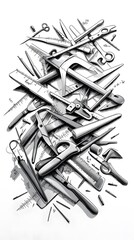 Black and White Illustration of a Pile of Tools and Measuring Devices.