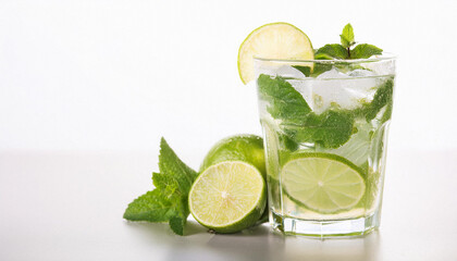 Fototapeta premium Mojito cocktail with lime and mint in highball glass on a grey stone background Copy space