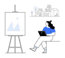 Woman working on laptop, sitting beside easel with geometric shapes artwork. Eco-friendly buildings with solar panels, wind turbines in background. Ideal for remote work, sustainability