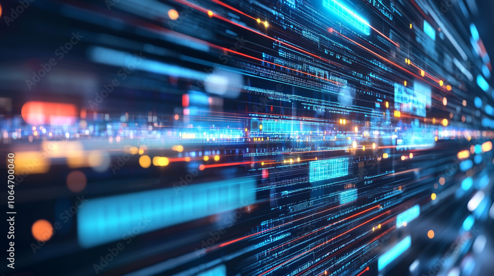 Poster dynamic abstract representation of digital data flow with bright lights and colors in motion