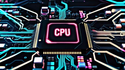 CPU chip mounted and connected to other components on the circuit board