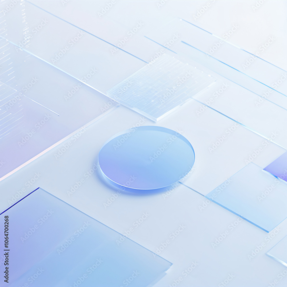 Poster an artistic digital composition featuring translucent shapes in soft pastel colors, creating a calmi