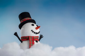 A happy snowman in a top hat and scarf, arms up and ready for winter fun! Set against a snowy background and bright blue sky.