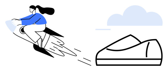 Woman rides rocket-powered scooter towards a futuristic shoe, with a cloud in the background. Ideal for innovation, technology, transportation, future concepts, speed, creativity, and adventure