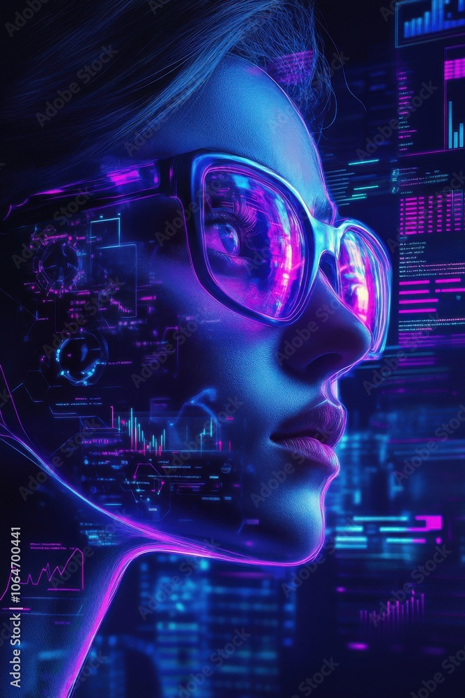 Poster futuristic ai avatar with holographic digital interface display