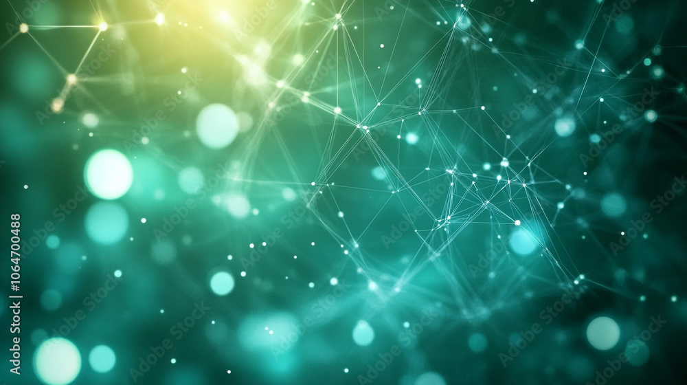 Poster abstract digital network design with glowing nodes and lines in teal and green hues