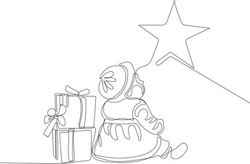 Outlined Cute Santa Claus Cartoon Character With A Sack Full Of Gifts. Vector Hand Drawn Illustration. One continuous line drawing Santa Claus on reindeer and sled. concept for Christmas and New Year