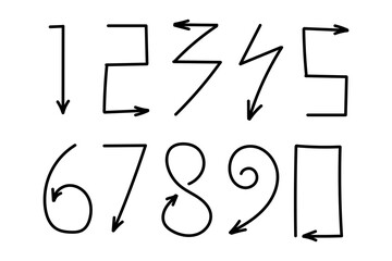 Set of simple black number lines with hand drawn arrows on white background. Doodle numbers 1,2,3,4,5,6,7,8,9,0 with arrows collection. Vector illustration