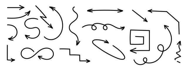 Set of simple black lines with hand drawn arrows on white background. Doodle arrows collection. Vector illustration