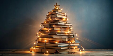 Alternative eco-friendly Christmas tree made from pile of books and lights , Eco-friendly, Christmas tree, DIY