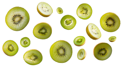 Floating Kiwi half and sliced fruit isolated on transparent background