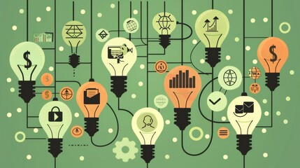 Interconnected Light Bulbs with Business and Technology Icons