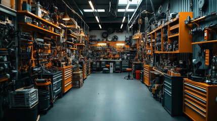 Fototapeta premium Spacious, organized industrial workshop with numerous tools and equipment neatly arranged on shelves and pegboards in a well-lit garage environment.