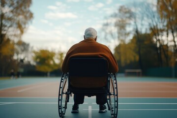 An elderly man enjoys a quiet moment in a wheelchair at an empty outdoor tennis court during a sunny autumn afternoon