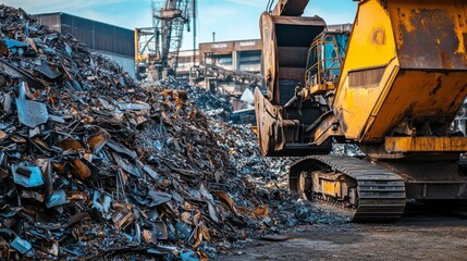 Fototapeta premium A heavy machinery vehicle is sorting through a large heap of scrap metal in an industrial yard under a clear blue sky.