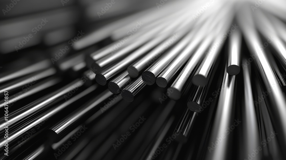 Poster a close-up view of metallic rods arranged in a dynamic pattern, highlighting their smooth surfaces a