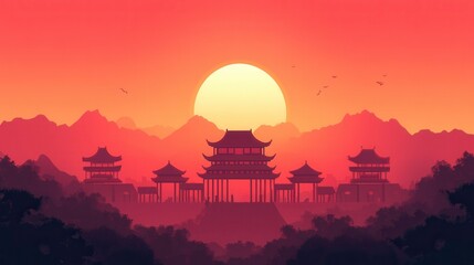 Obraz premium Chinese-style sunrise silhouette of ancient Oriental architecture