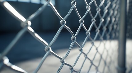 Fototapeta premium A close-up view of a chain-link fence, showcasing its metallic texture and the interplay of light and shadow.