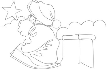 Outlined Cute Santa Claus Cartoon Character With A Sack Full Of Gifts. Vector Hand Drawn Illustration. One continuous line drawing Santa Claus on reindeer and sled. concept for Christmas and New Year