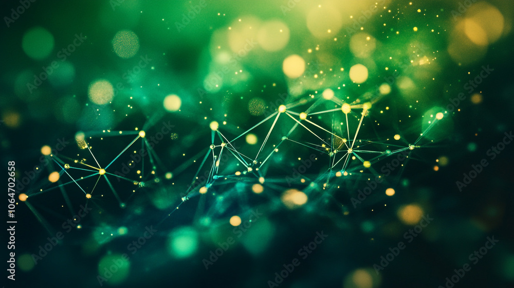 Poster a vibrant abstract representation of interconnected lines and glowing particles in green hues