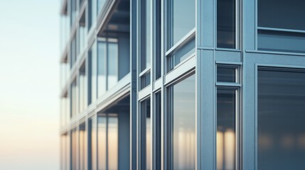 A close-up of a modern building facade showcasing sleek glass panels and metal framework under natural light.