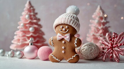 Homemade Christmas gingerbread with icing. Delicious gingerbread on the background of cotton candy trees on a pink background. Freshly baked Christmas gingerbread.